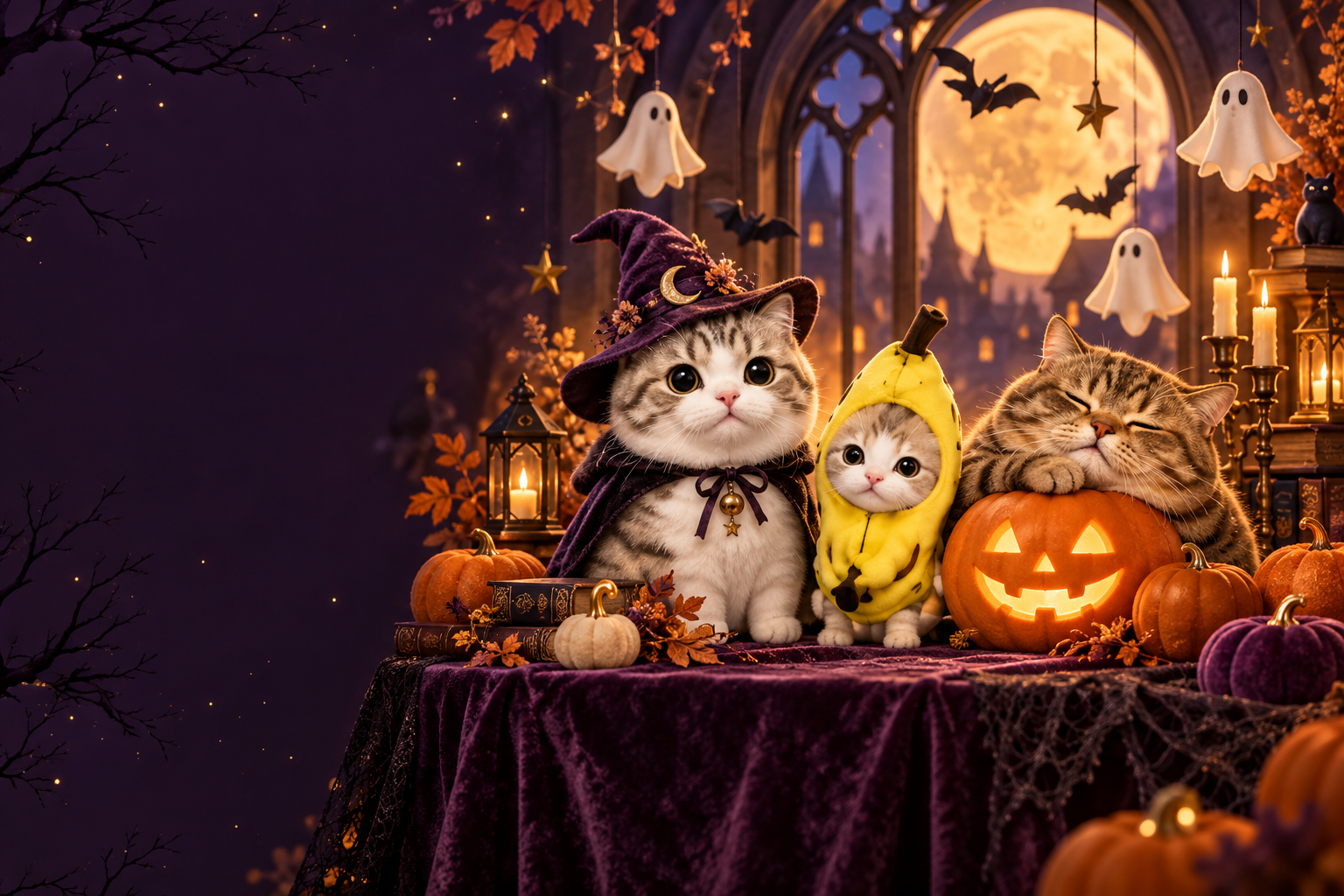 A candlelit Halloween gathering with a witch-hat cat, Banana Cat, glowing pumpkins and floating ghosts