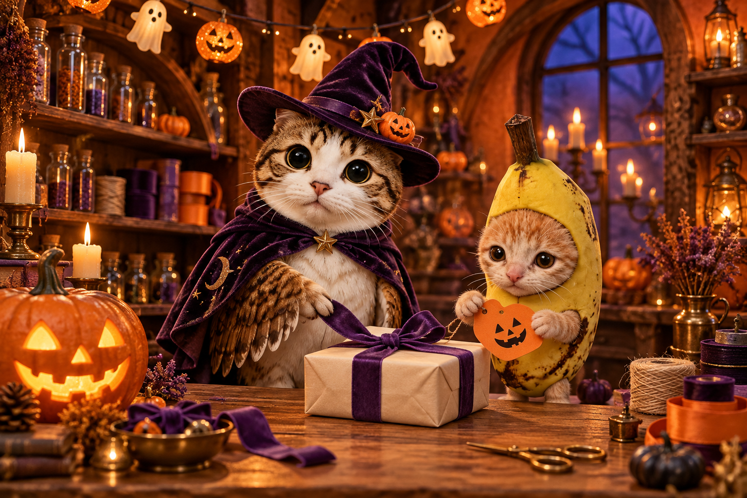 Additional Halloween campaign illustration: Meowl with owl wings and Banana Cat wrapping a gift in a pumpkin-lit workshop