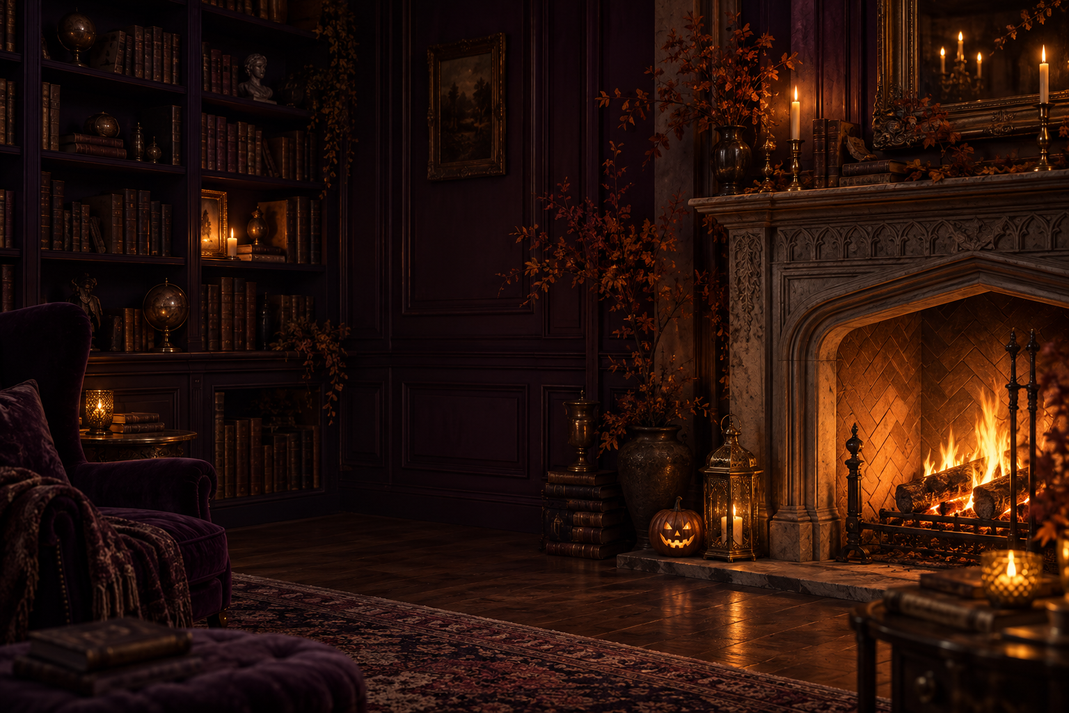 A candlelit Halloween library with an amber fireplace and bookshelves