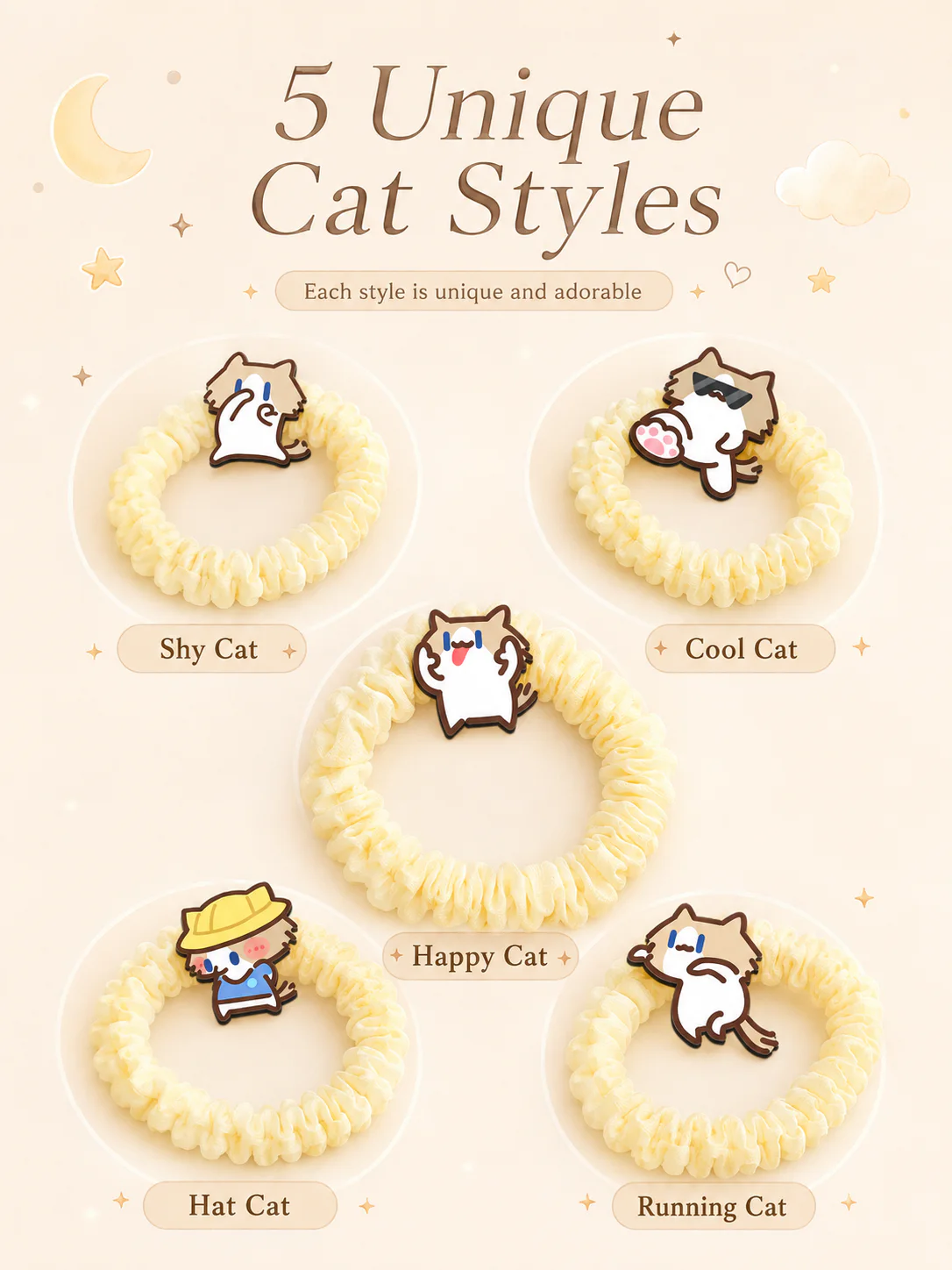 Cute Cartoon Cat Scrunchies, Soft Elastic Bubble Hair Ties 5 Styles Kawaii Hair Accessories for Girls Daily Use