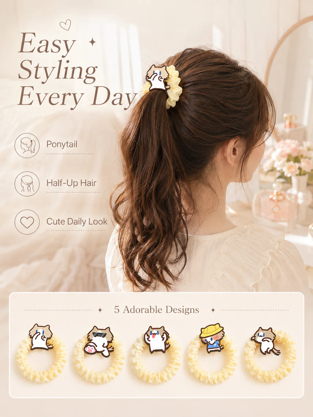 Cute Cartoon Cat Scrunchies, Soft Elastic Bubble Hair Ties 5 Styles Kawaii Hair Accessories for Girls Daily Use