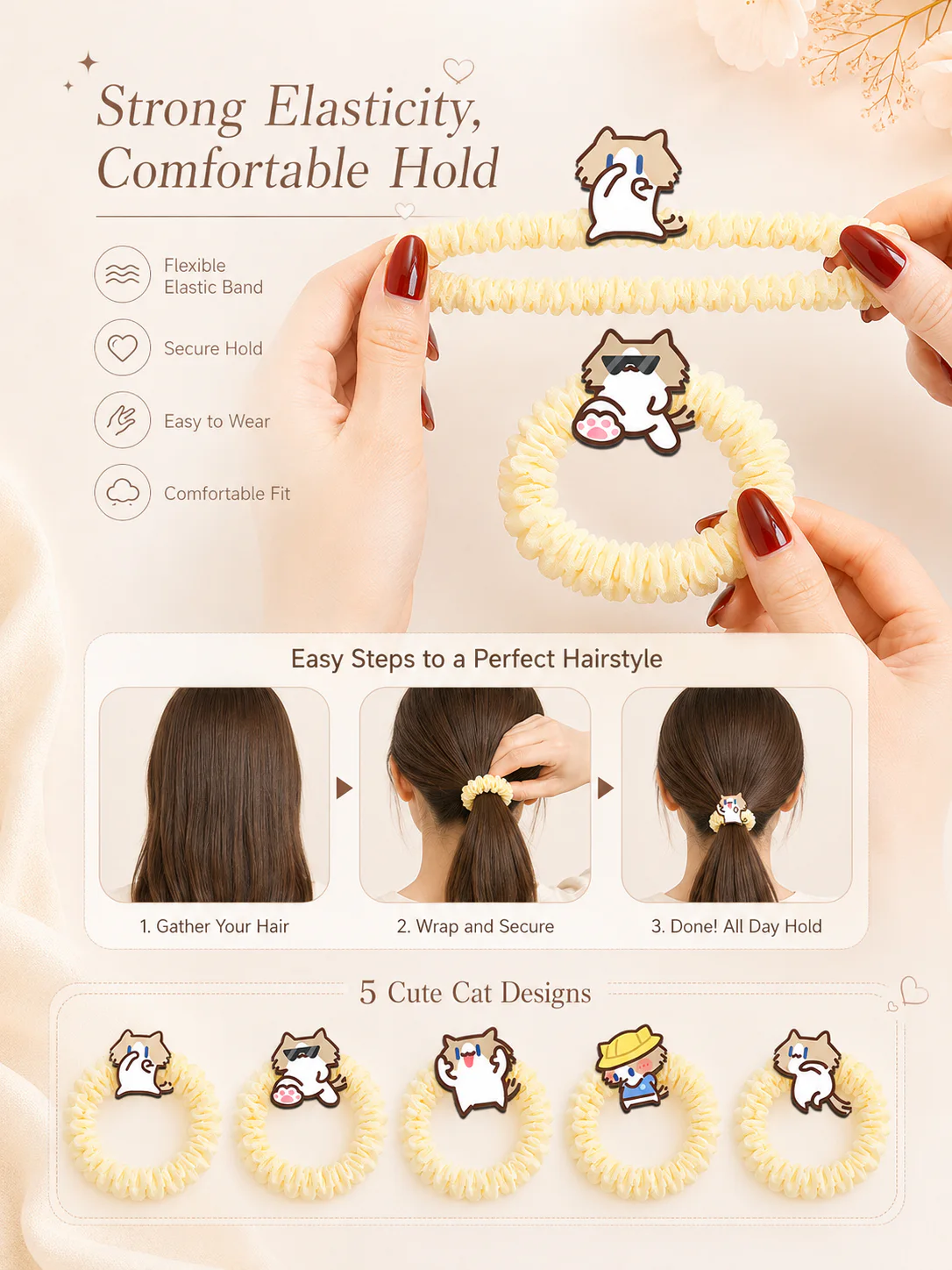 Cute Cartoon Cat Scrunchies, Soft Elastic Bubble Hair Ties 5 Styles Kawaii Hair Accessories for Girls Daily Use