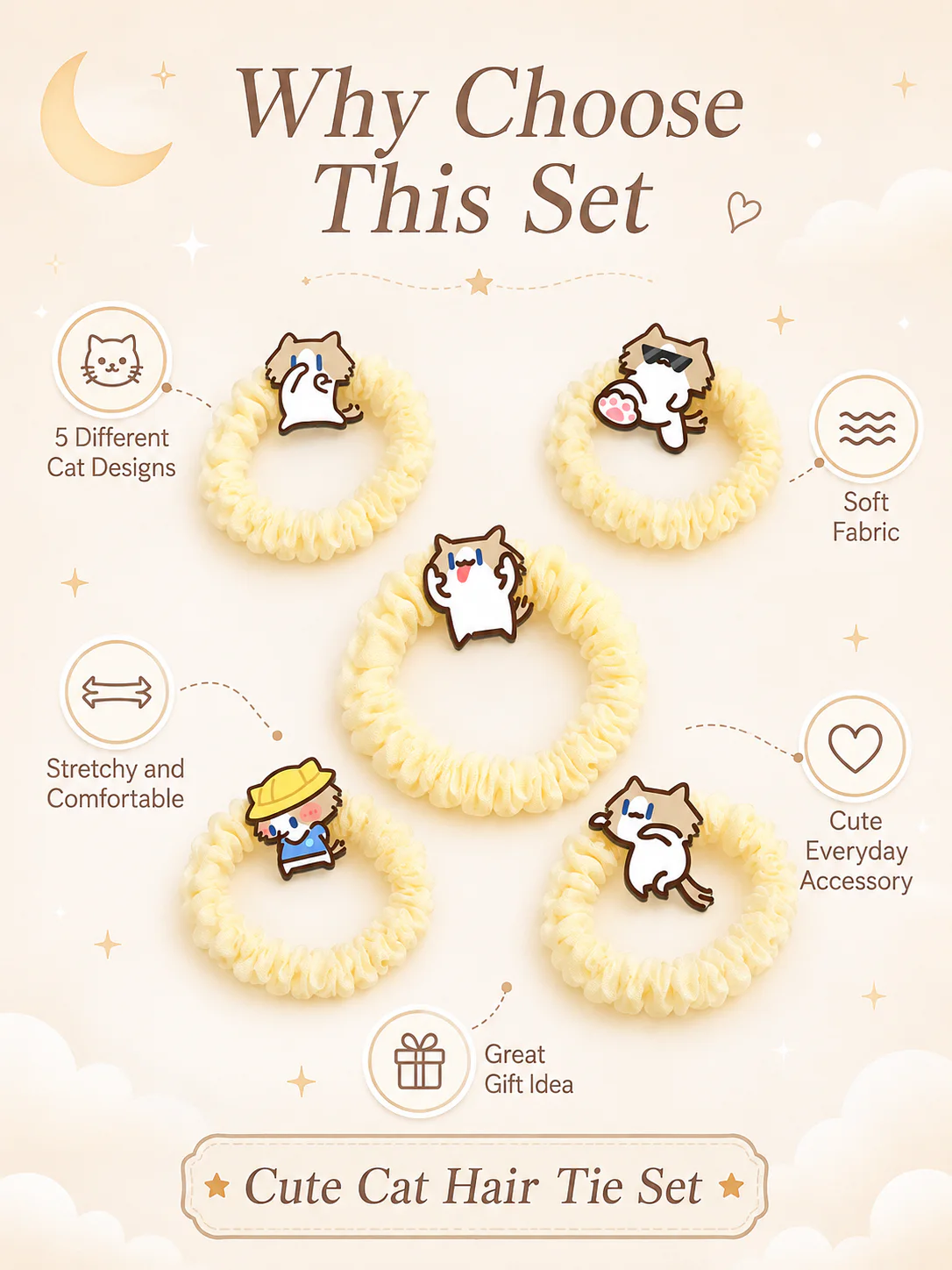 Cute Cartoon Cat Scrunchies, Soft Elastic Bubble Hair Ties 5 Styles Kawaii Hair Accessories for Girls Daily Use
