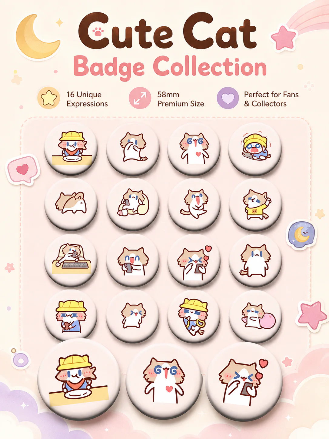 Cute Monthly Salary Cat Button Pins, 58mm Kawaii Cartoon Cat Badges Set, Anime Brooch Pins for Backpack Clothing Decor, Lovely Character Pins Gift for Girls