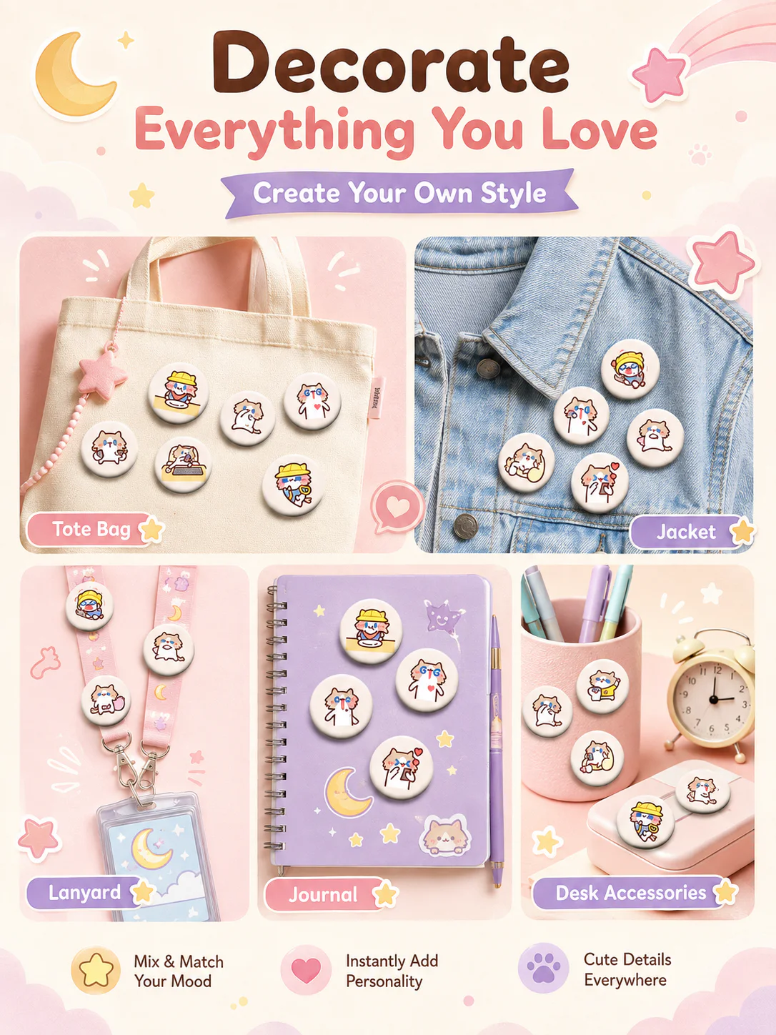 Cute Monthly Salary Cat Button Pins, 58mm Kawaii Cartoon Cat Badges Set, Anime Brooch Pins for Backpack Clothing Decor, Lovely Character Pins Gift for Girls