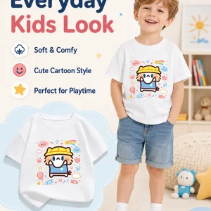 Cute Salary Cat Kids Cotton Short Sleeve T‑Shirt, Summer Loose Casual Tops for Boys Girls