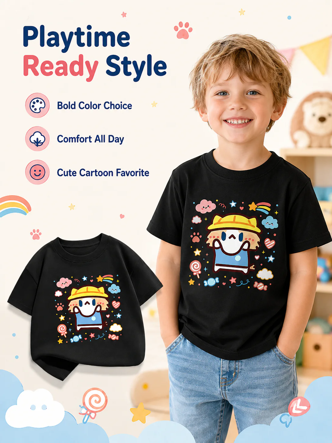 Cute Salary Cat Kids Cotton Short Sleeve T‑Shirt, Summer Loose Casual Tops for Boys Girls