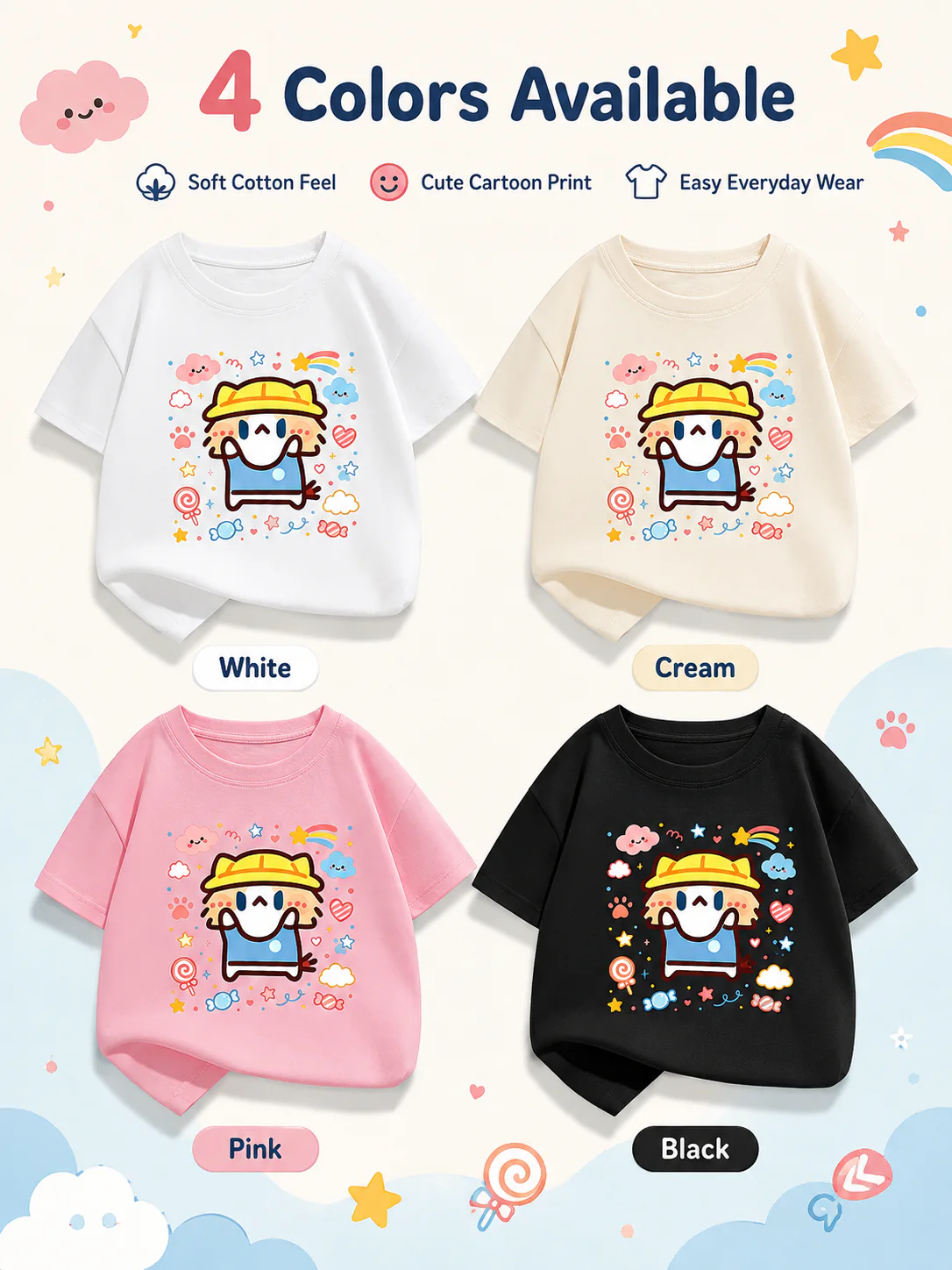 Cute Salary Cat Kids Cotton Short Sleeve T‑Shirt, Summer Loose Casual Tops for Boys Girls