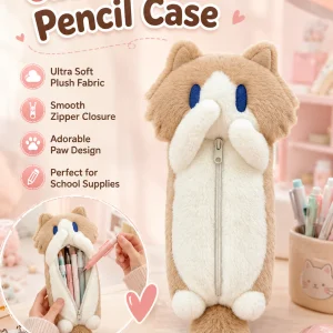 Cute Plush Cat Pencil Case, Soft Fluffy Kitten Pen Bag, Large Capacity Cartoon Animal Stationery Pouch for Students