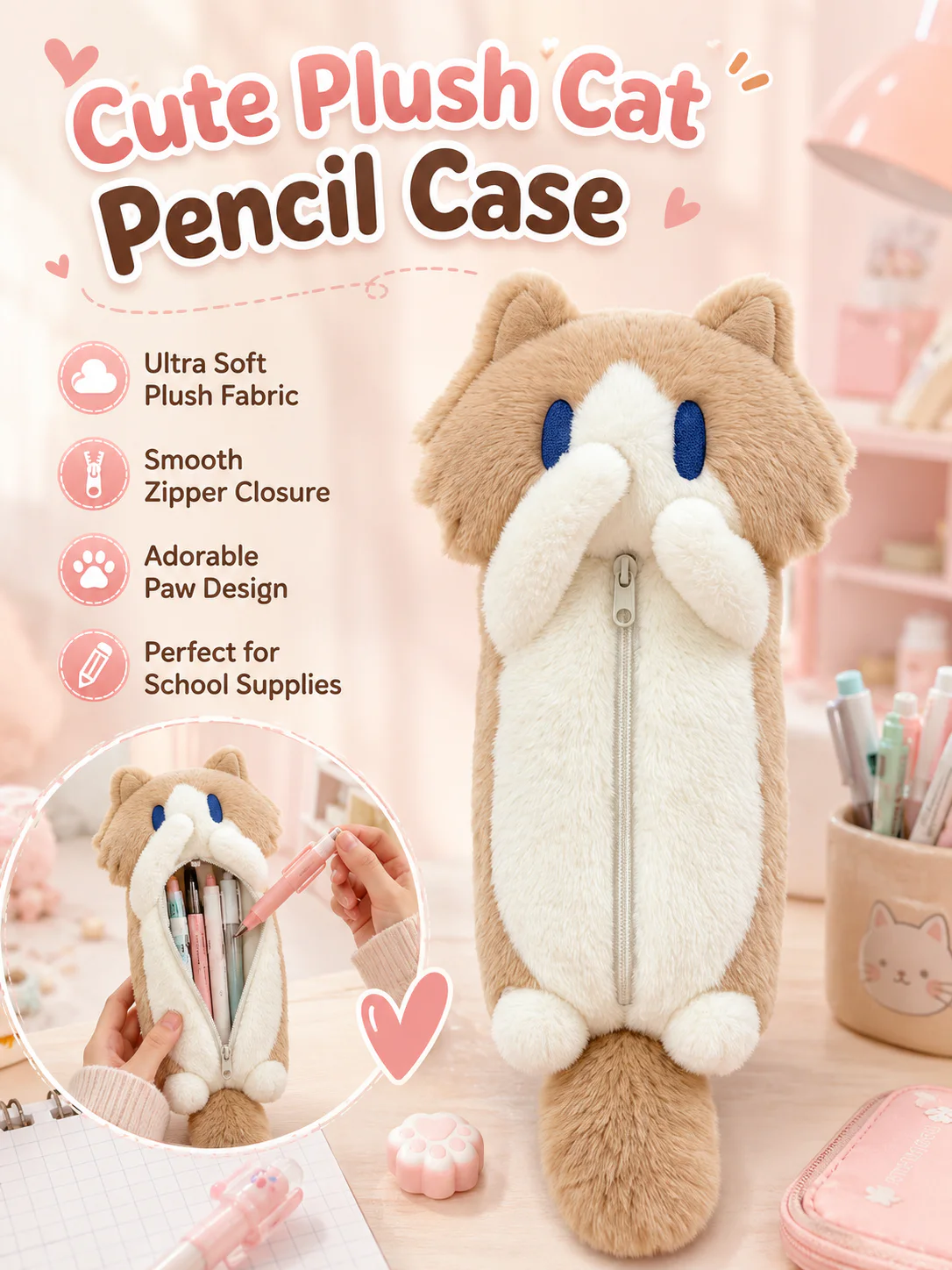 Cute Plush Cat Pencil Case, Soft Fluffy Kitten Pen Bag, Large Capacity Cartoon Animal Stationery Pouch for Students
