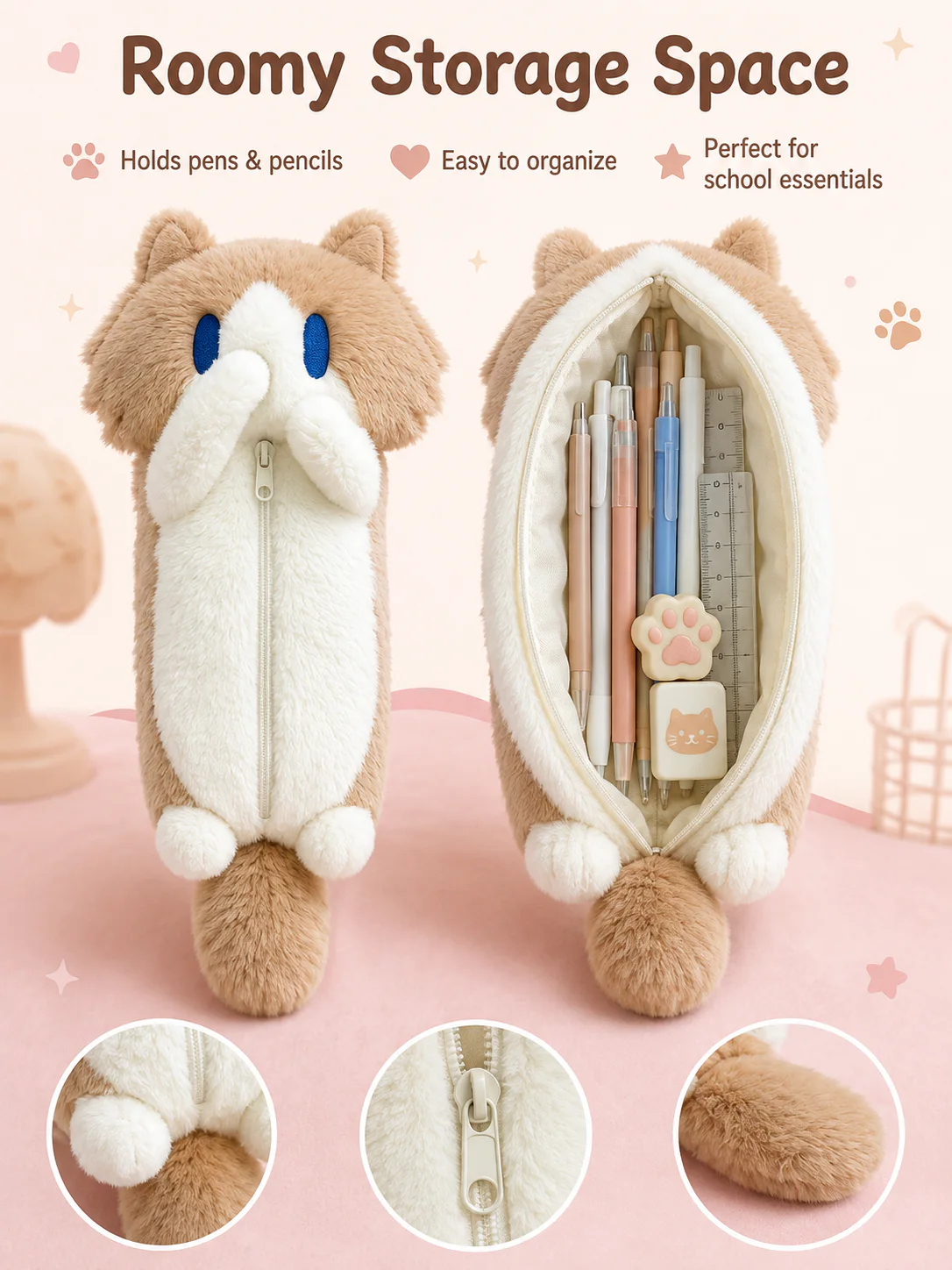 Cute Plush Cat Pencil Case, Soft Fluffy Kitten Pen Bag, Large Capacity Cartoon Animal Stationery Pouch for Students