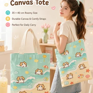 Cute Cover‑Mouth Cat Canvas Tote Bag, Large Capacity Cartoon Shoulder Handbag, Student Book Tote for Daily Commute