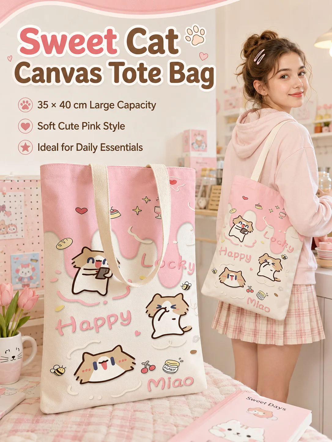 Cute Cover‑Mouth Cat Canvas Tote Bag, Large Capacity Cartoon Shoulder Handbag, Student Book Tote for Daily Commute
