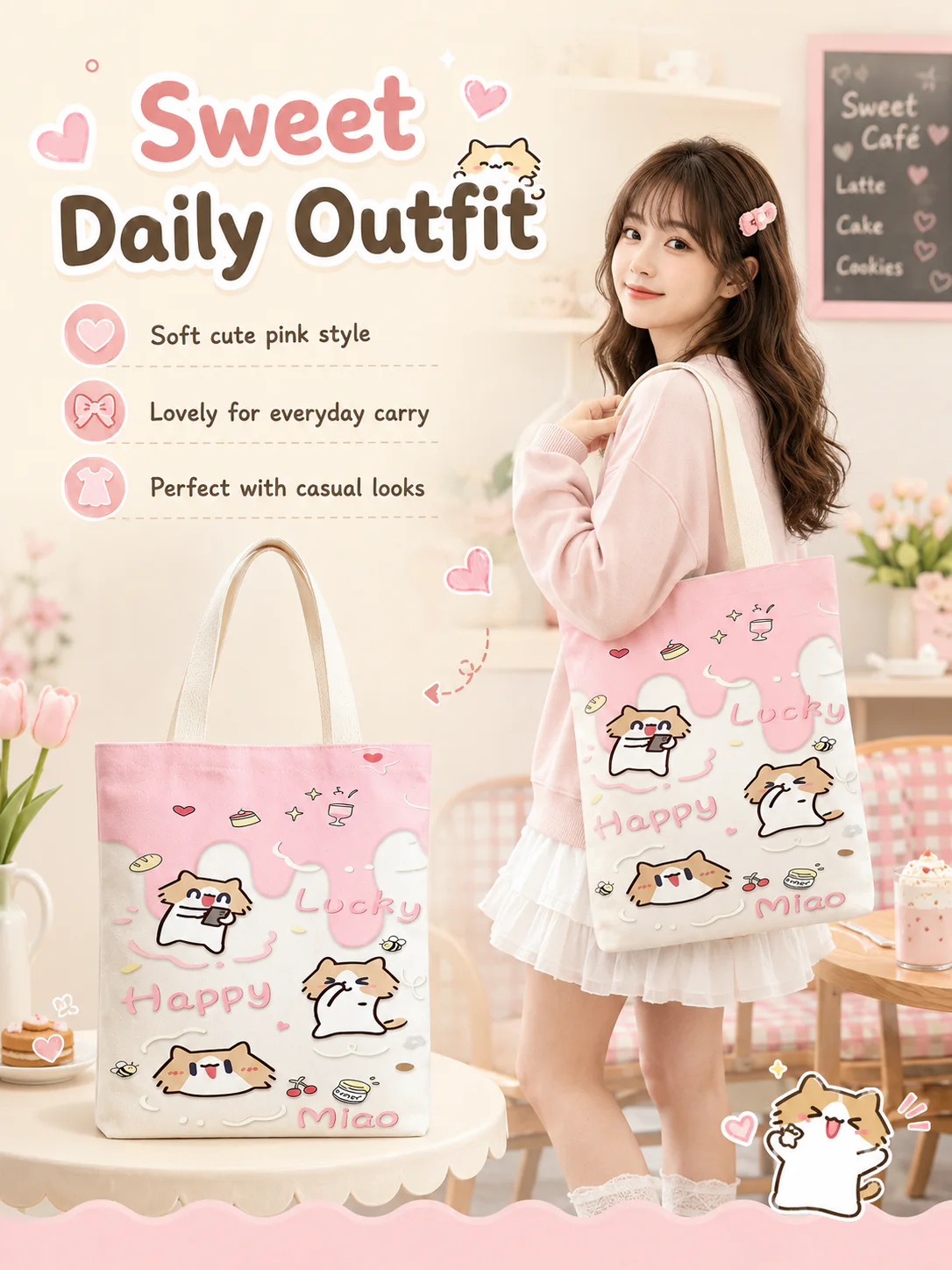 Cute Cover‑Mouth Cat Canvas Tote Bag, Large Capacity Cartoon Shoulder Handbag, Student Book Tote for Daily Commute