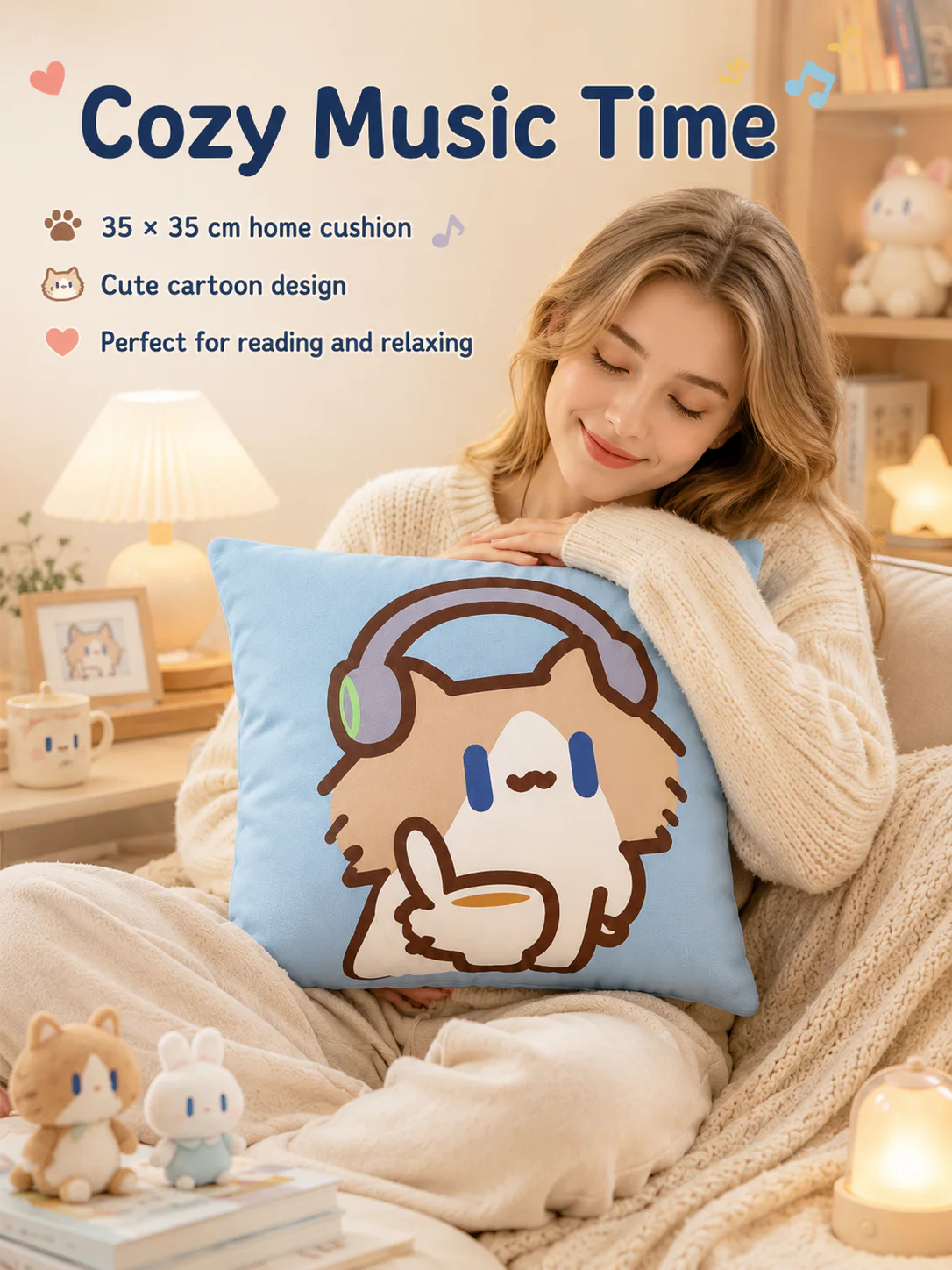Cute Cartoon Cat Crystal Velvet Throw Pillow, Removable Washable Pillowcase, Soft Sofa Cushion for Bedroom Living Room