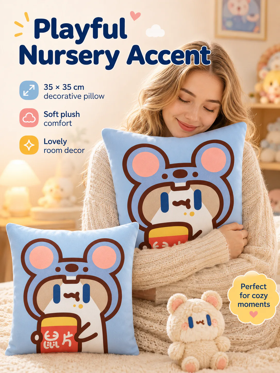Cute Cartoon Cat Crystal Velvet Throw Pillow, Removable Washable Pillowcase, Soft Sofa Cushion for Bedroom Living Room