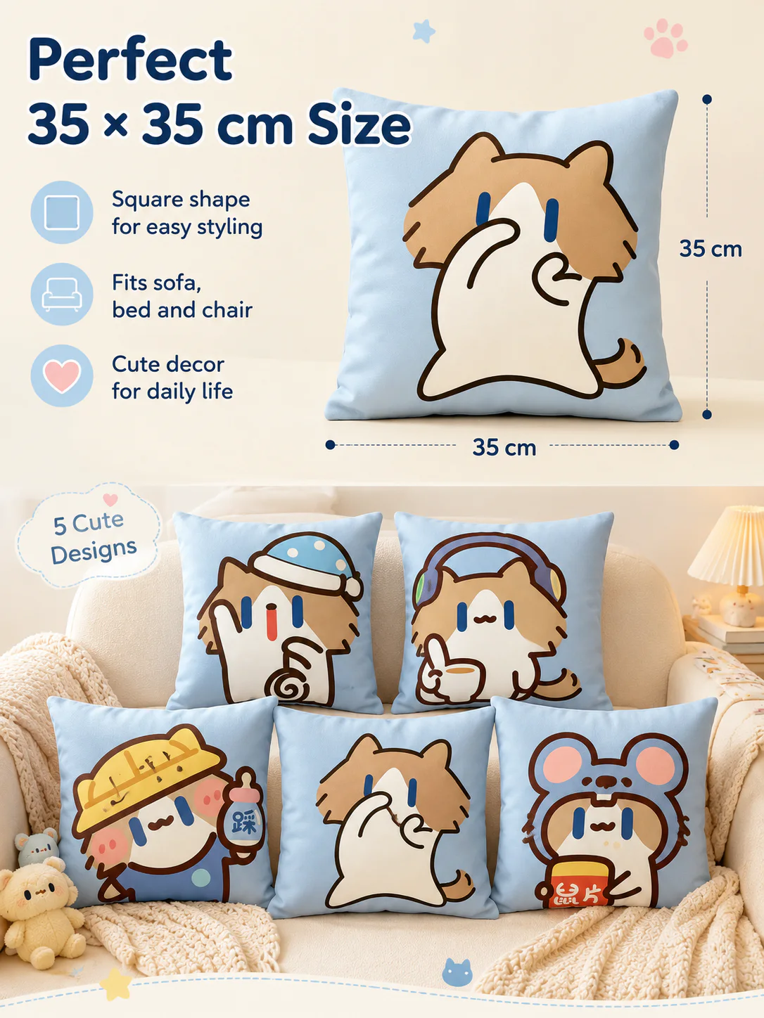 Cute Cartoon Cat Crystal Velvet Throw Pillow, Removable Washable Pillowcase, Soft Sofa Cushion for Bedroom Living Room