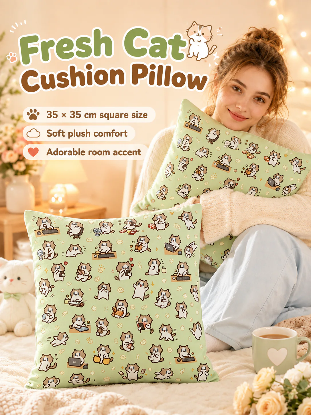 Cute Cartoon Cat Print Throw Pillow Cover, Square Decorative Cushion Case, Soft Pillowcase for Dorm Sofa Bedroom