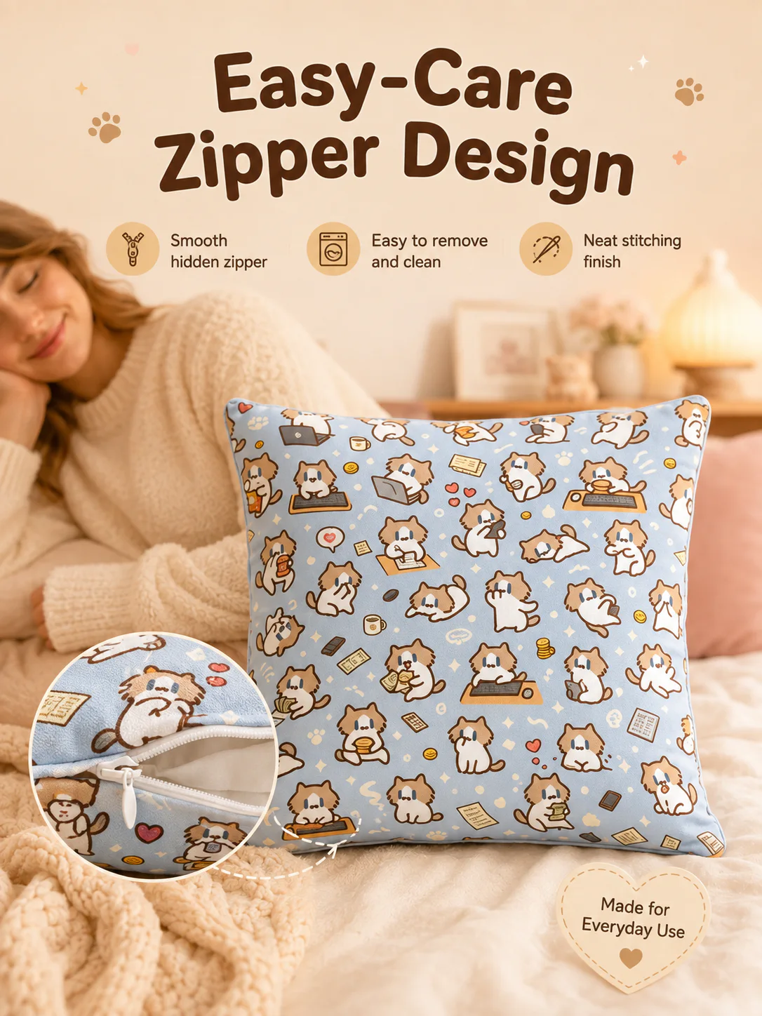 Cute Cartoon Cat Print Throw Pillow Cover, Square Decorative Cushion Case, Soft Pillowcase for Dorm Sofa Bedroom