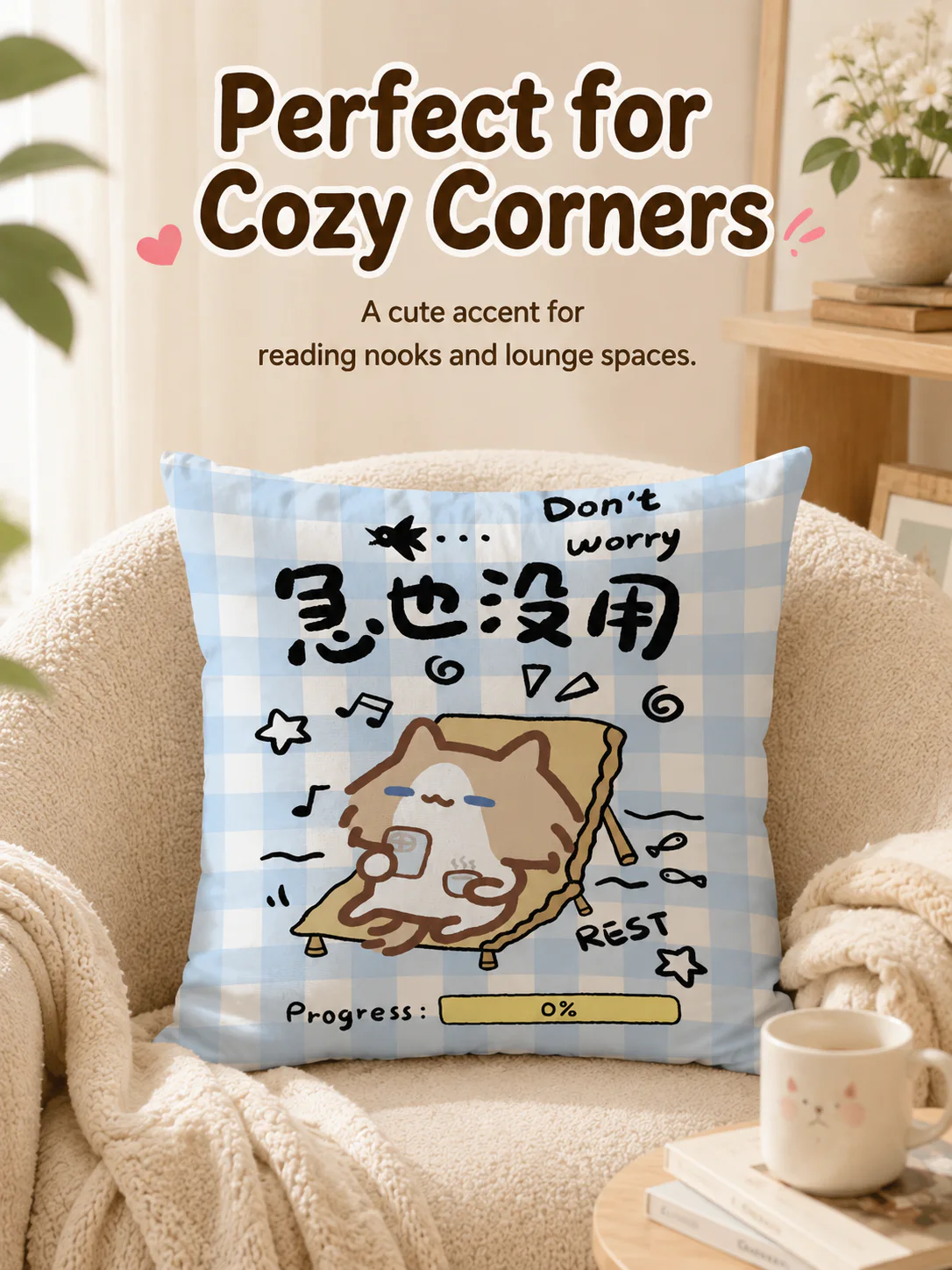 Cute Summer Beach Cartoon Cat Throw Pillow Cover, Square Decorative Cushion Case, Soft Pillowcase for Home Office Dorm