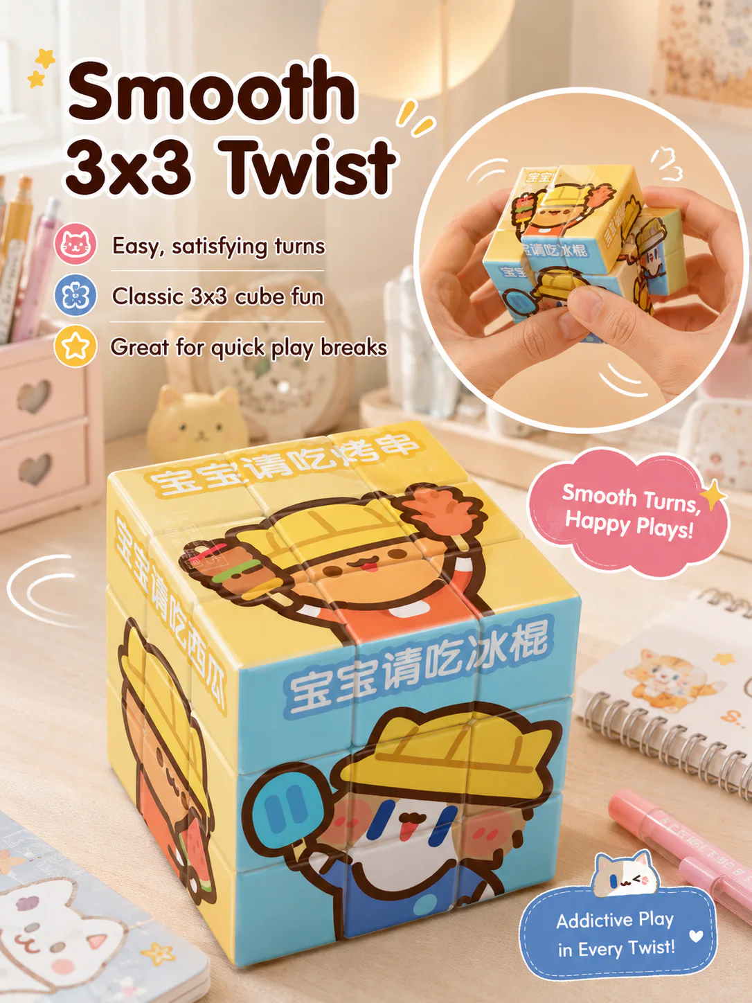 Cute Cartoon Cat 3x3 Magic Cube, Lovely IP Printed Puzzle Cube, Educational Stress Relief Toy, Creative Gift for Students