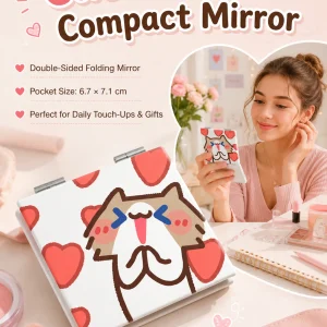 Cute Cartoon Cat Folding Compact Mirror, Double‑Sided Pattern Mini Makeup Mirror, Portable Pocket Mirror for Students