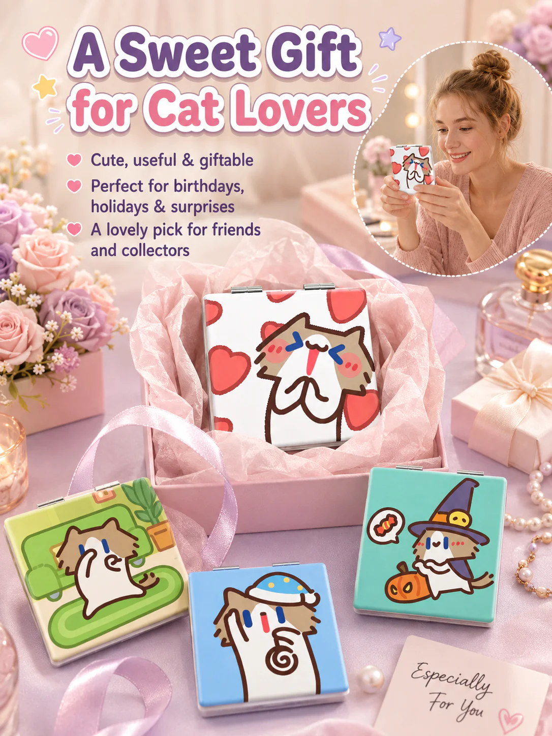 Cute Cartoon Cat Folding Compact Mirror, Double‑Sided Pattern Mini Makeup Mirror, Portable Pocket Mirror for Students