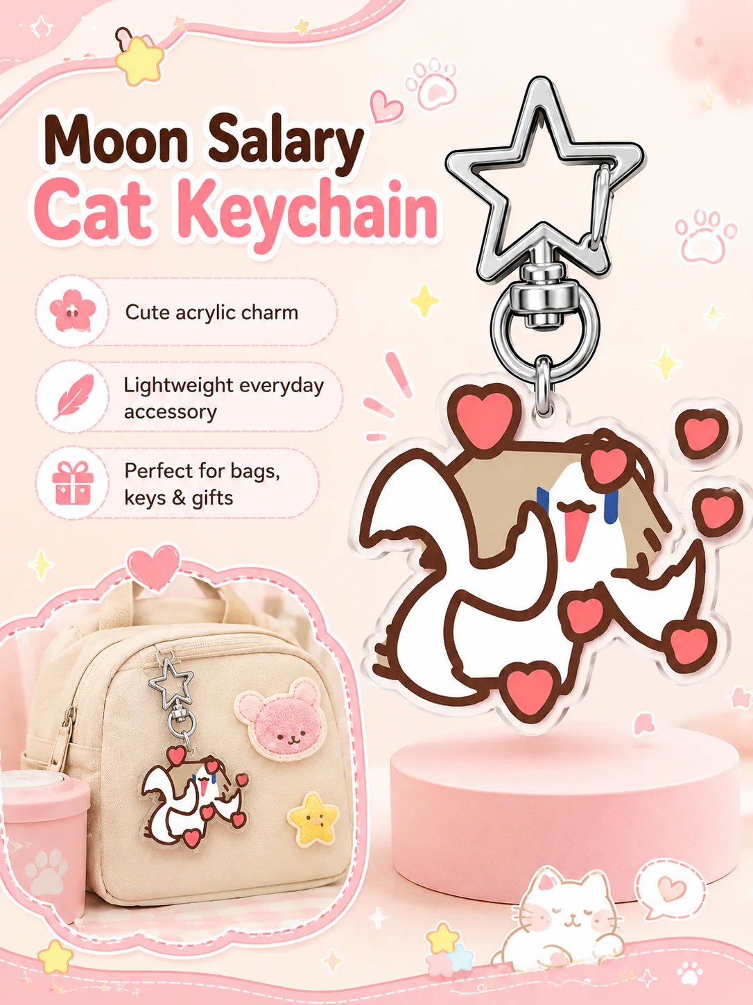 Cute Cartoon Cat Acrylic Keychain, Star‑Shaped Clasp Backpack Charm, Lovely Pendant Gift for Students and Friends