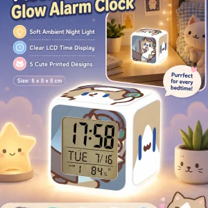Cute Cartoon Cat LED Digital Alarm Clock, Glowing Cube Night Light, Multifunctional Temperature Display Clock for Bedroom Dorm
