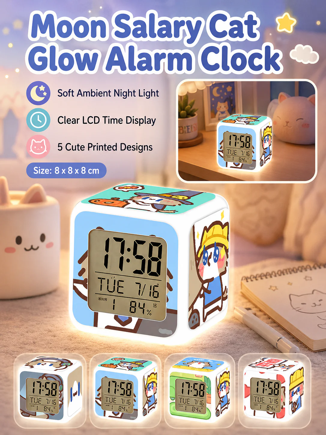 Cute Cartoon Cat LED Digital Alarm Clock, Glowing Cube Night Light, Multifunctional Temperature Display Clock for Bedroom Dorm