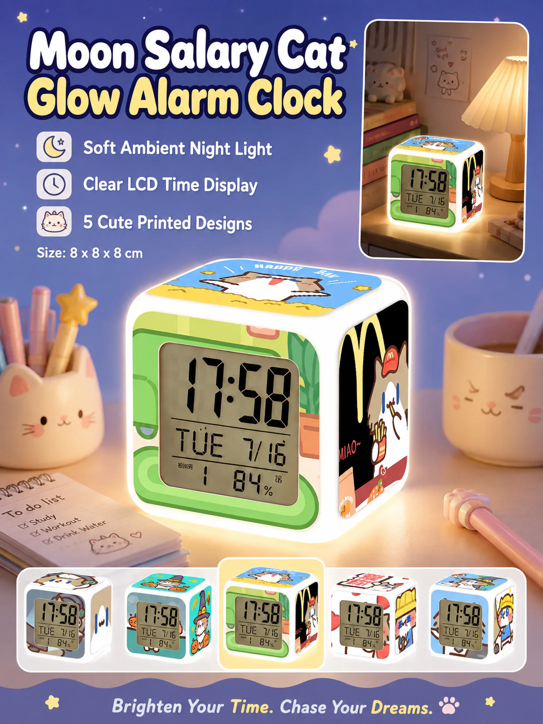 Cute Cartoon Cat LED Digital Alarm Clock, Glowing Cube Night Light, Multifunctional Temperature Display Clock for Bedroom Dorm