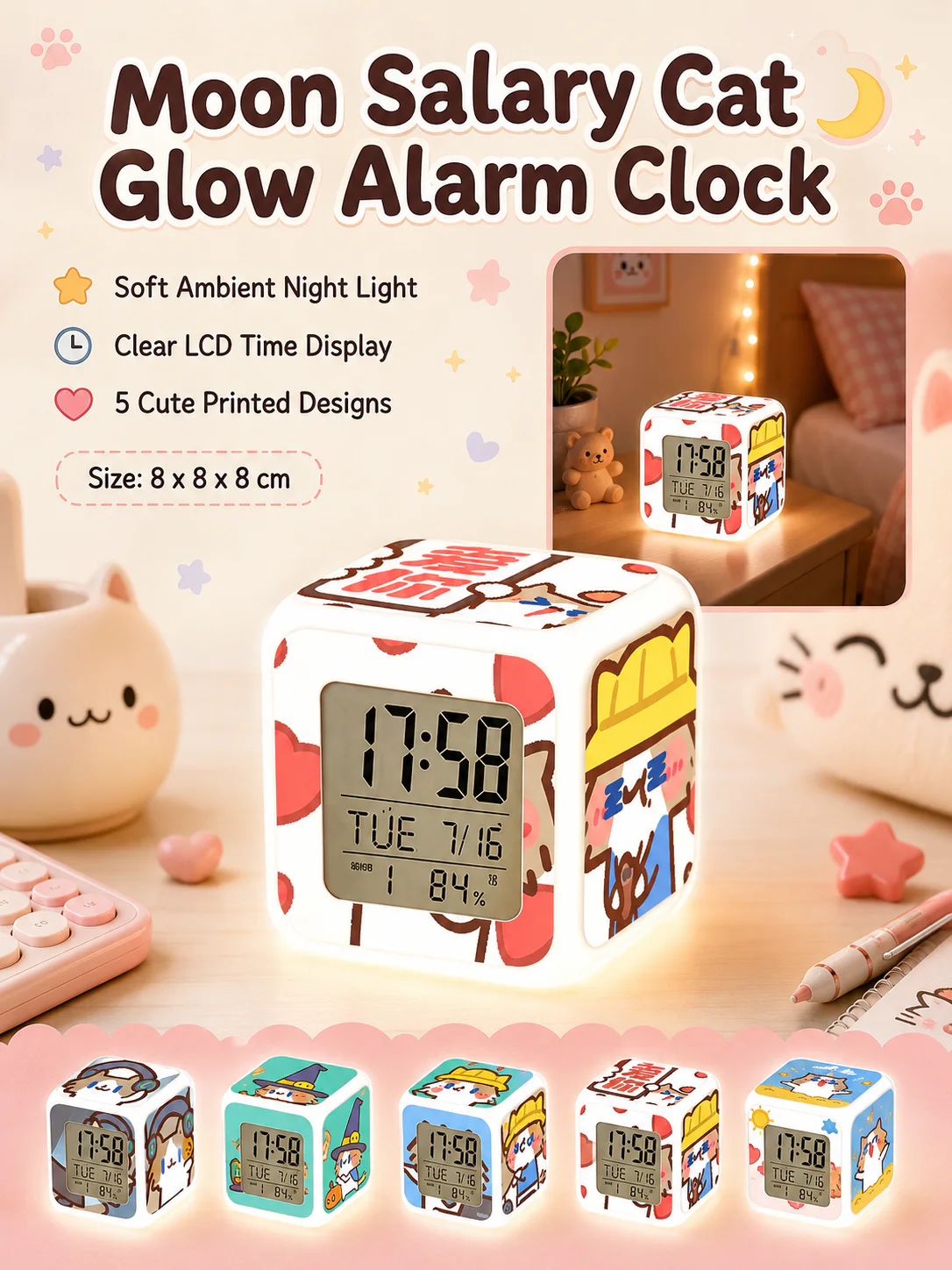 Cute Cartoon Cat LED Digital Alarm Clock, Glowing Cube Night Light, Multifunctional Temperature Display Clock for Bedroom Dorm