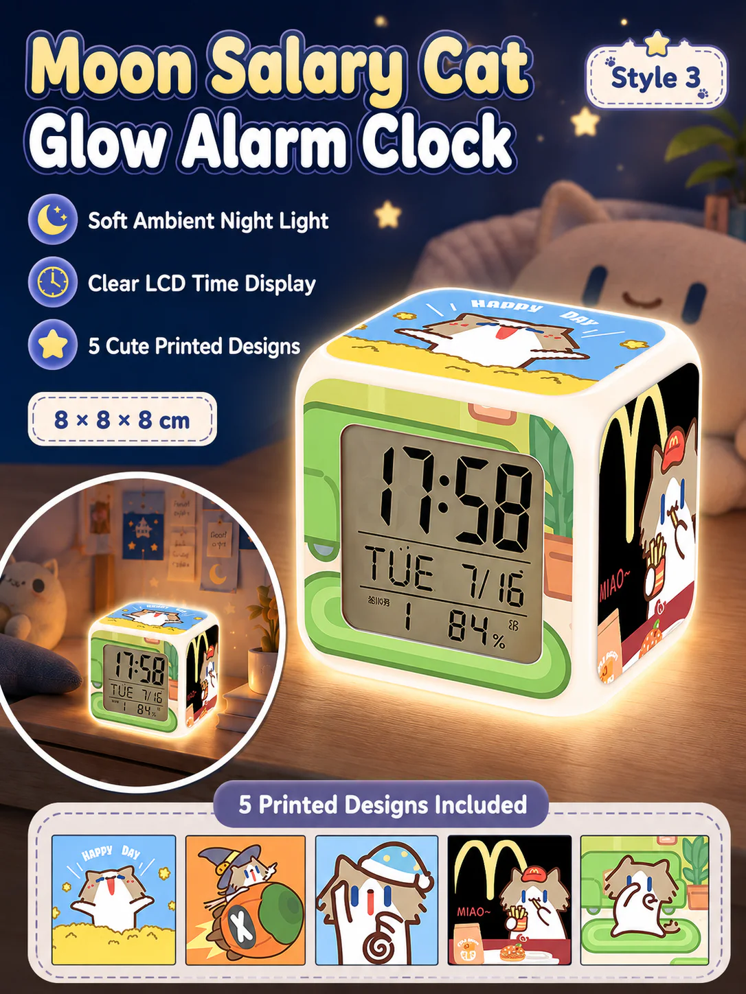 Cute Cartoon Cat LED Digital Alarm Clock, Glowing Cube Night Light, Multifunctional Temperature Display Clock for Bedroom Dorm