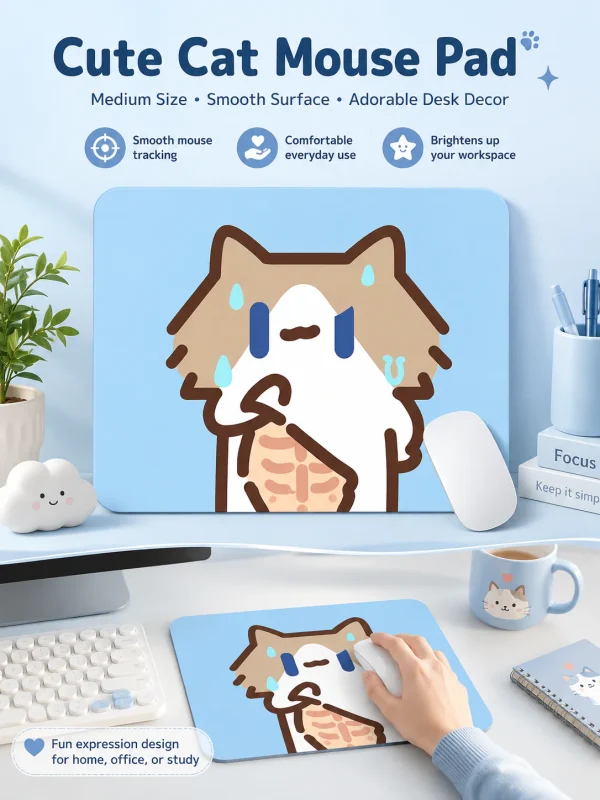 Cute Cartoon Cat Mouse Pad, Thickened Medium Size Desk Mat, Non‑Slip Rubber Mousepad for Laptop Office Student Desk