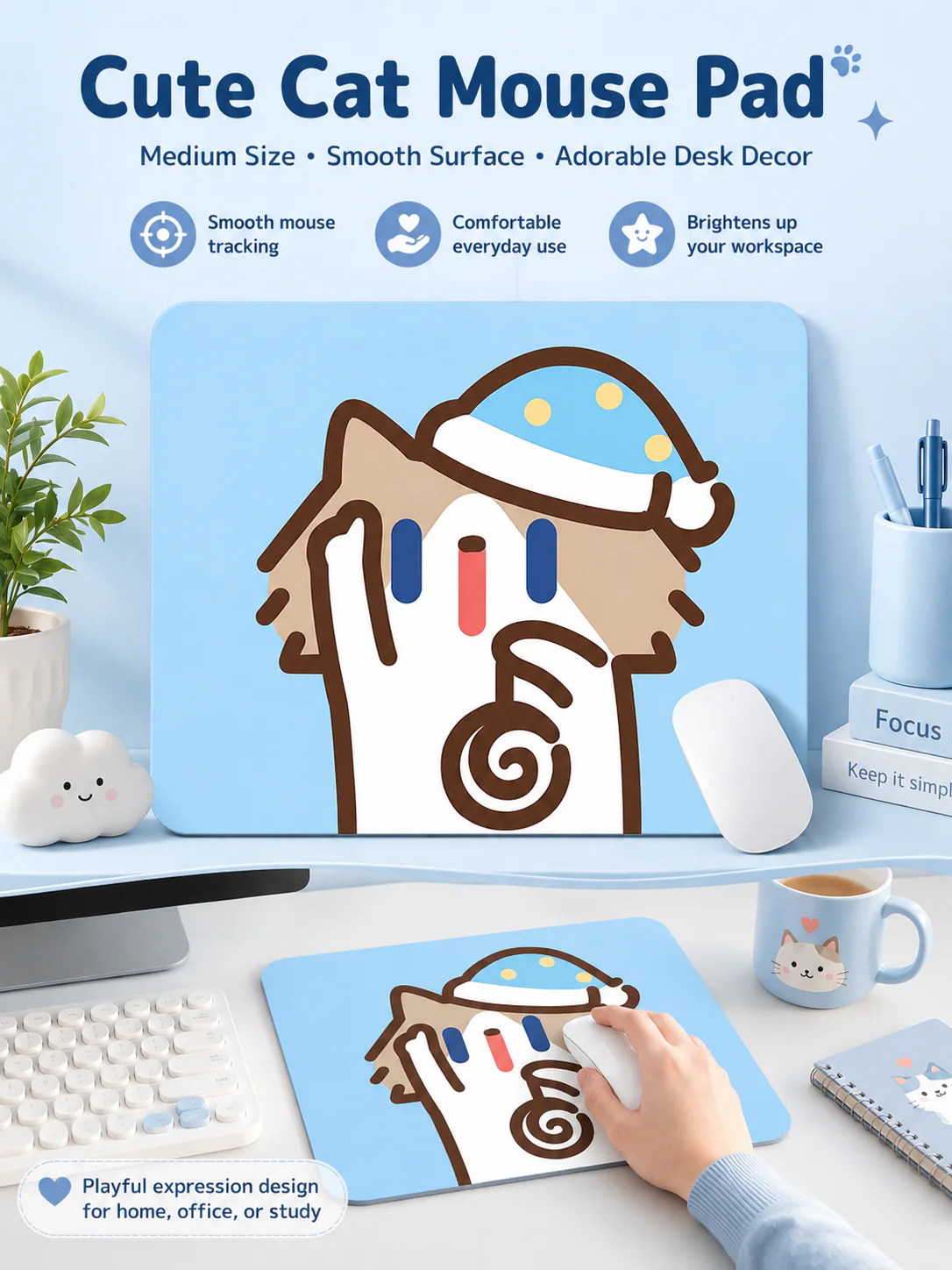 Cute Cartoon Cat Mouse Pad, Thickened Medium Size Desk Mat, Non‑Slip Rubber Mousepad for Laptop Office Student Desk