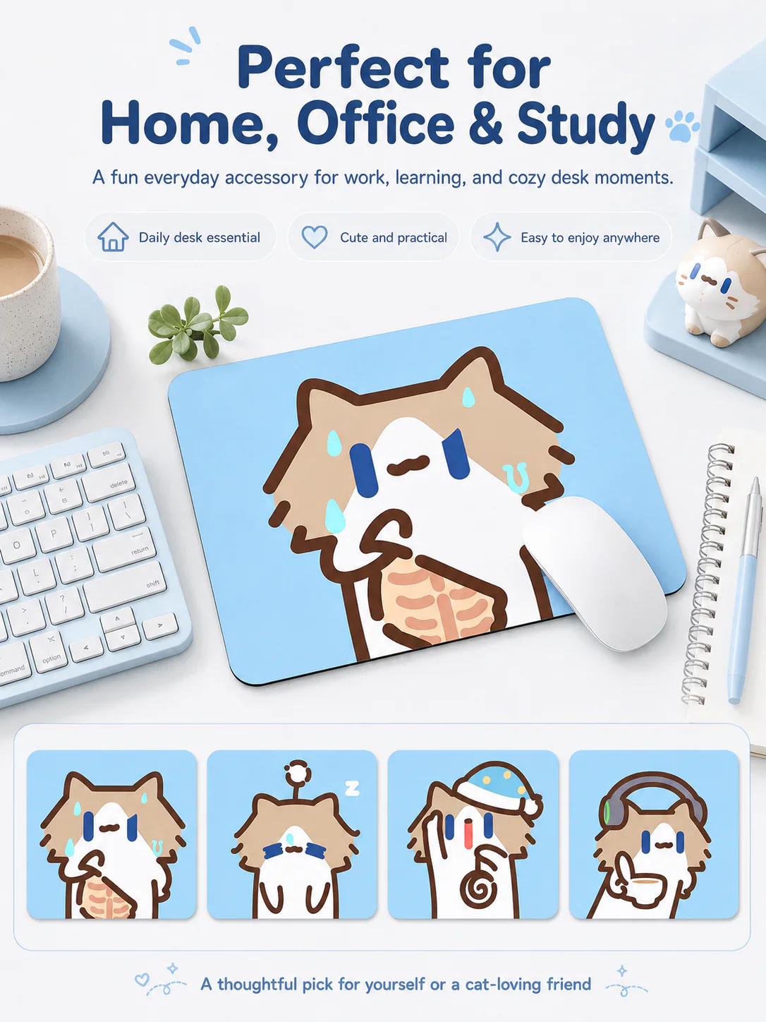 Cute Cartoon Cat Mouse Pad, Thickened Medium Size Desk Mat, Non‑Slip Rubber Mousepad for Laptop Office Student Desk